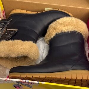 Joules Black and Tan Fur-Lined Rain Boots